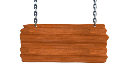 Sign wooden blank board hanging on chains and space for text. 3d illustration