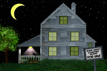 Nighttime scene of an old farm house for sale with a cat on the porch.