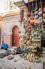 Street of Marrakesh market with traditional souvenirs, Morocco