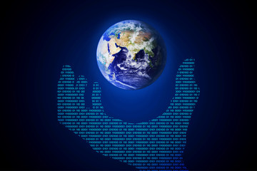 abstract technology concept hand binary and world on hi tech blue background.Elements of this image furnished by NASA