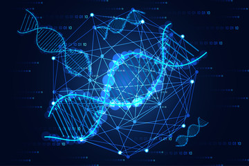 abstract technology science concept DNA and digital link on hi tech blue background