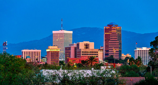 Downtown Tucson at night with city lights on
