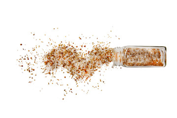 moroccan seasoning. spilled moroccan seasoning mix. Isolated on a white background.  top view, flat...