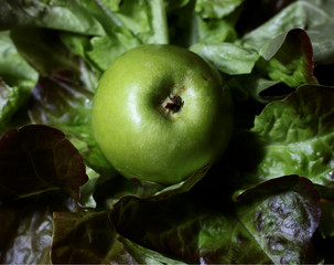 juicy green Apple surrounded by leaves