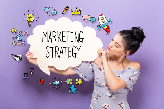 Marketing Strategy with young woman holding a speech bubble