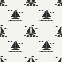Flat line monochrome vector seamless pattern ocean boat with sail. Simplified retro. Cartoon style. Regatta. Seagull. Summer vacation. Yacht. Art. Illustration and element for your design wallpaper.
