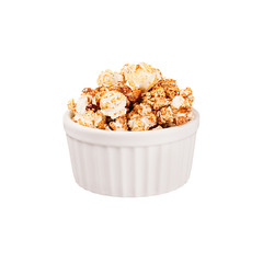Chocolate popcorn with in white ceramics bowl isolated on white background. Fast food template for menu, advertising, cover.