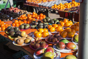 Vegetables and fruit market with various colorful fresh fruits and vegetables