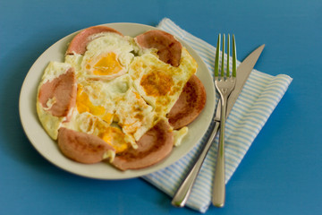 fried eggs with sausage, popular hearty Breakfast