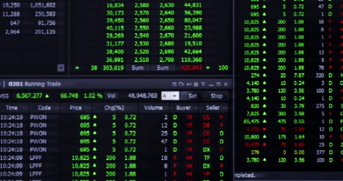 Stock market ticker board with financial data information on the computer monitor. Shot in 4k resolution