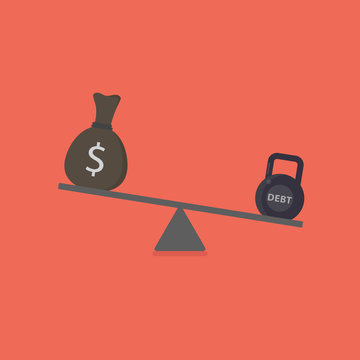 Income and debt illustration. Cash of money and kettlebell with debt word on scales