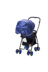 Blue pushchair isolated on white background