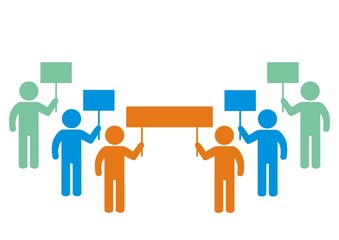demonstration, group of people with banners, vector icon