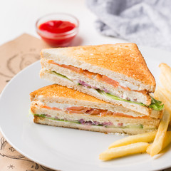 Freshly made club sandwiches with French fries served on white plate. Pressed double toasts with leaf vegetable salad, smoked salmon and cheese served on paper on a wooden table. Street fast food.