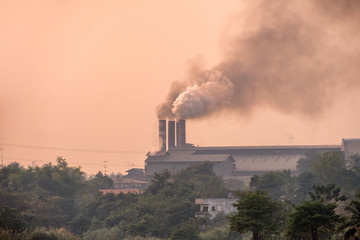 Sugar cane factory is burning with pollution smoke from chimneys