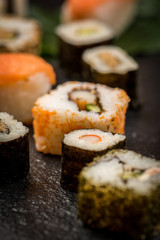 Sushi rolls hosomaki and uramaki