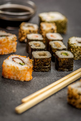 Sushi rolls hosomaki and uramaki