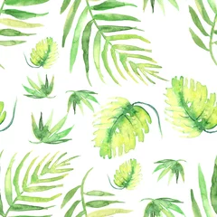 Fotobehang Tropische bladeren     Seamless watercolor background from green tropical leaves, palm leaf, fern, floral pattern. Bright Rapport for Paper, Textile, Wallpaper, design. Tropical leaves watercolor. 