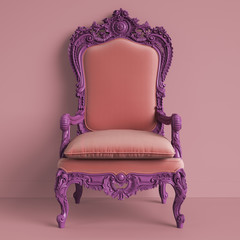 Classic baroque armchair in violet color on pink background.Digital Illustration.3d rendering - obrazy, fototapety, plakaty
