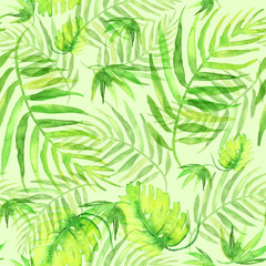 Naklejka na ściany i meble Seamless watercolor background from green tropical leaves, palm leaf, fern, floral pattern. Bright Rapport for Paper, Textile, Wallpaper, design. Tropical leaves watercolor. 