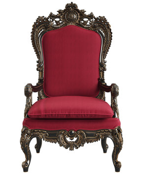 Classic  baroque armchair in blsck,gold and red isolated on white background.Digital Illustration.3d rendering