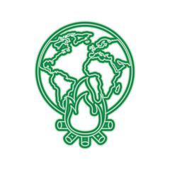 earth world globe with fire burning for climate change disasters vector illustration green neon line graphic