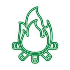 burning bonfire flame with wooden sticks vector illustration green neon line graphic