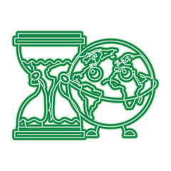 cartoon sad earth planet embrace hourglass clock vector illustration green neon line graphic