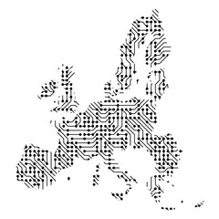 Abstract schematic map of European Union from the black printed board, chip and radio component of vector illustration