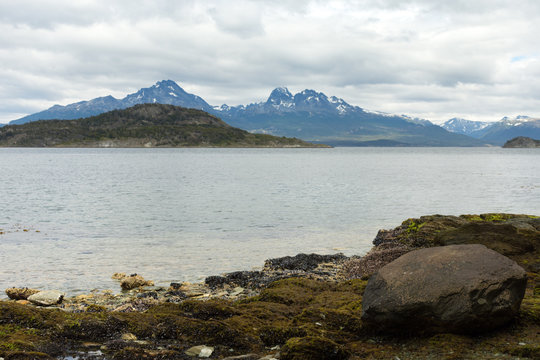 Boulders and Black Mussel Shells along the Beagle Channel in Tierra del Fuego Argentina. 