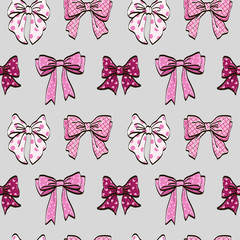 Cute seamless pattern with beautiful hand drawn bows. Vector doodle illustration.  Cloth design, wallpaper, wrapping.