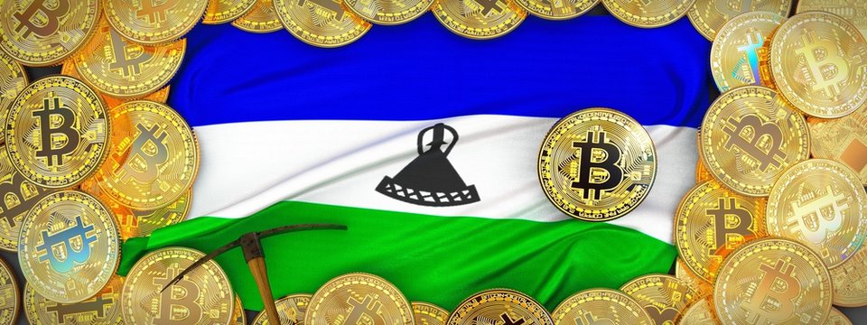 Bitcoins Gold around Lesoto flag and pickaxe on the left.3D Illustration.
