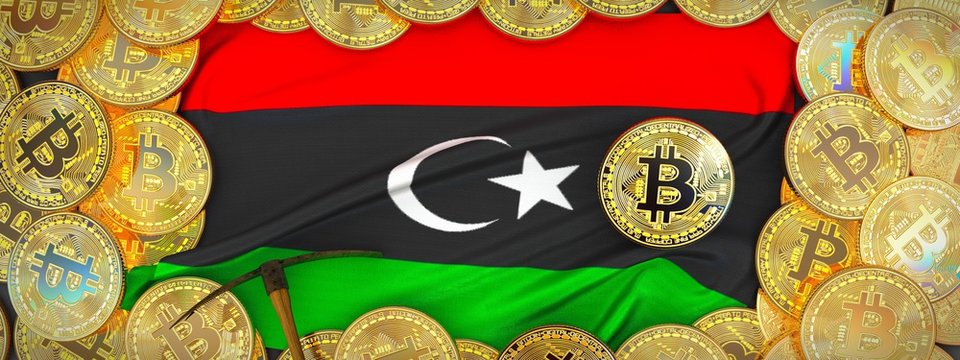 Bitcoins Gold around Libya flag and pickaxe on the left.3D Illustration.