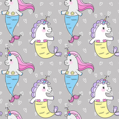 Seamless pattern with magic cute mermaids. Funny little unicorns with mermaid tail and a rainbow mane. Sea theme. Vector illustration.