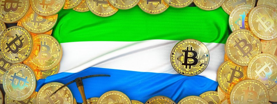 Bitcoins Gold around Sierra leone flag and pickaxe on the left.3D Illustration.