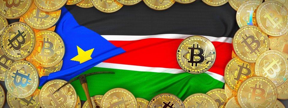 Bitcoins Gold around South Sudan flag and pickaxe on the left.3D Illustration.