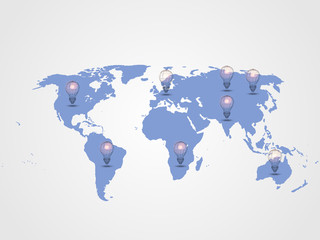 Technology background. Lightbulb on world map as background represents concept of idea and innovation. Concept of new idea for the future. Vector illustration.