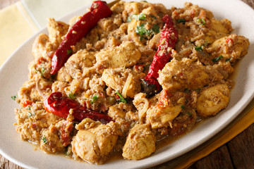 Chettinad Chicken, the most popular Indian food closeup on a plate. Horizontal