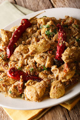 Chettinad chicken curry with chili, onions, coconut and tomatoes close-up. vertical