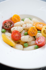 Close-up of boiled potato gnocchi served with fresh tomatoes and green peas in a white plate, selective focus, vertical shot