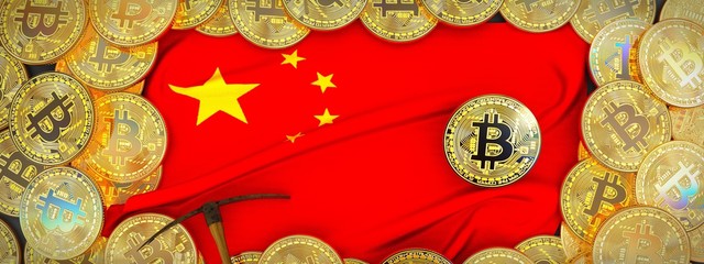 Bitcoins Gold around China flag and pickaxe on the left.3D Illustration.