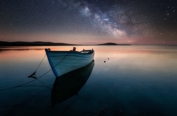 The dreamy cliff, under the Galaxy. Milky Way over the sea. Long time exposure night image with Milky Way Galaxy above the Black sea. Landscape, Astrophotography and Nightscape photography, Milky way.