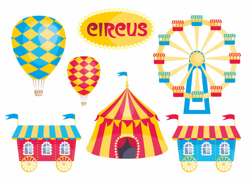 Circus tent and Ferris wheel. Vector illustrations isolated on white background.