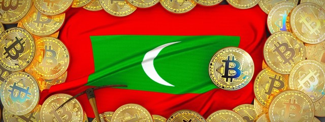 Bitcoins Gold around Maldives flag and pickaxe on the left.3D Illustration.