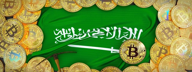 Bitcoins Gold around Saudi Arabia flag and pickaxe on the left.3D Illustration.