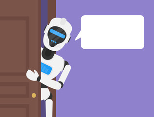robot humanoid look out the open door with speech bubble