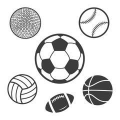 Icons balls football basketball volleyball rugby baseball golf. A large set of balls vector illustrations in a dark color on a white background.