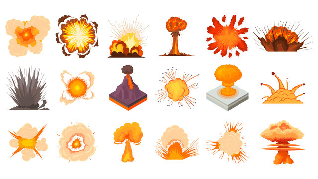 Explosion icon set, cartoon style