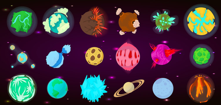 Planets icon set, cartoon style