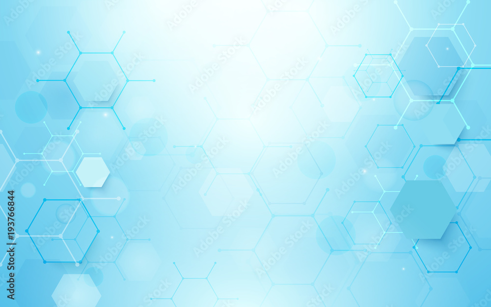 Poster Abstract blue hexagons shape and lines with science concept background